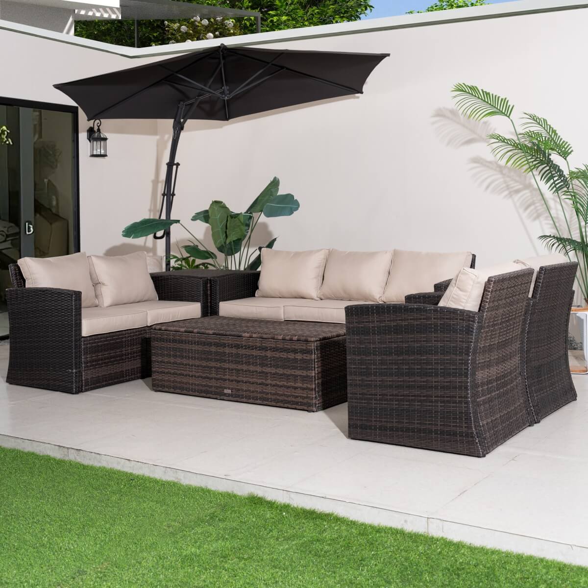7 Seater Outdoor Garden Lounge Set – Rattan Sofa with Coffee Table and Side Table Featuring Built-In Storage