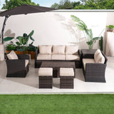 8 Seater Outdoor Garden Lounge Set – Rattan Sofa with Coffee Table and Side Table with Built-In Storage, Footstools and Cushions Included