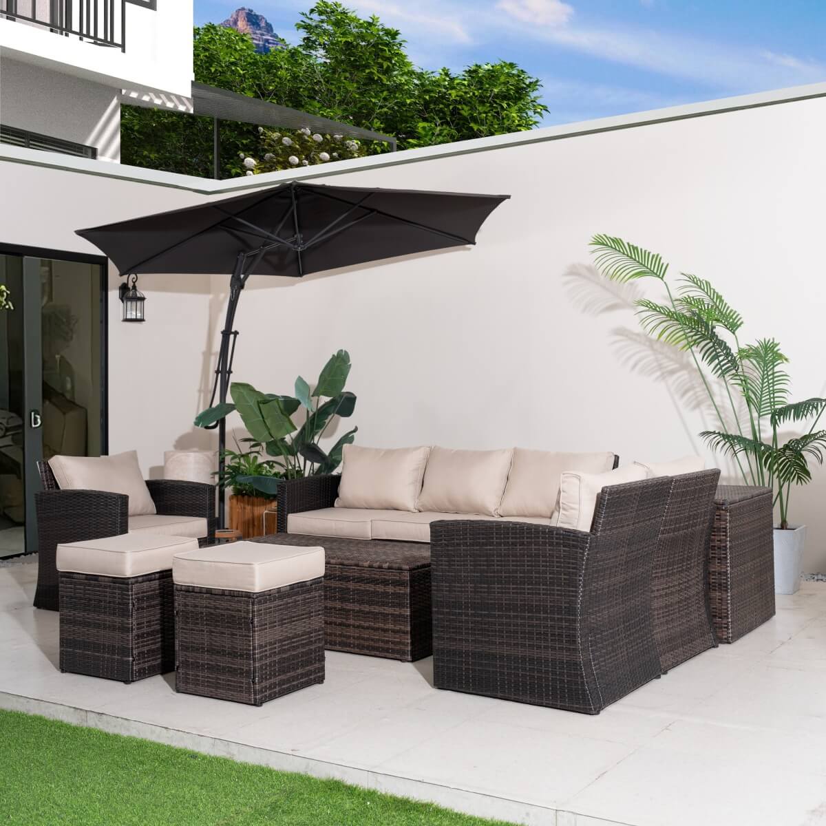 8 Seater Outdoor Garden Lounge Set – Rattan Sofa with Coffee Table and Side Table with Built-In Storage, Footstools and Cushions Included