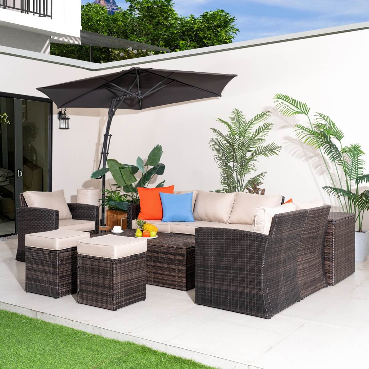 8 Seater Outdoor Garden Lounge Set – Rattan Sofa with Coffee Table and Side Table with Built-In Storage, Footstools and Cushions Included