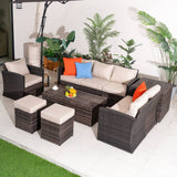 8 Seater Outdoor Garden Lounge Set – Rattan Sofa with Coffee Table and Side Table with Built-In Storage, Footstools and Cushions Included