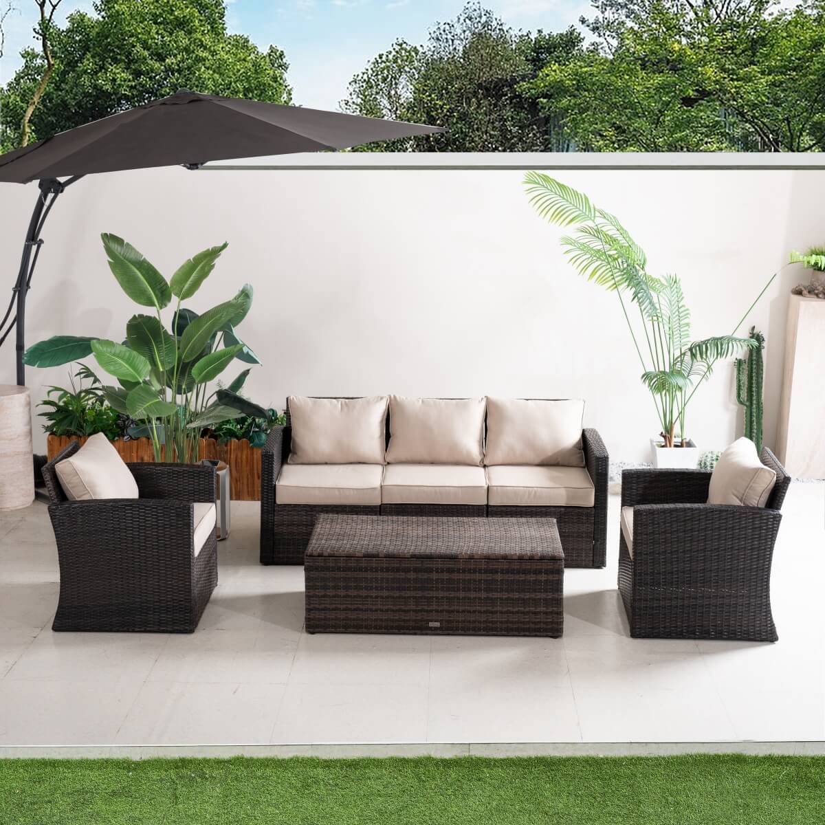 5 Seater Outdoor Garden Lounge Set – Rattan Sofa with Coffee Table Featuring Built-In Storage, Cushions Included