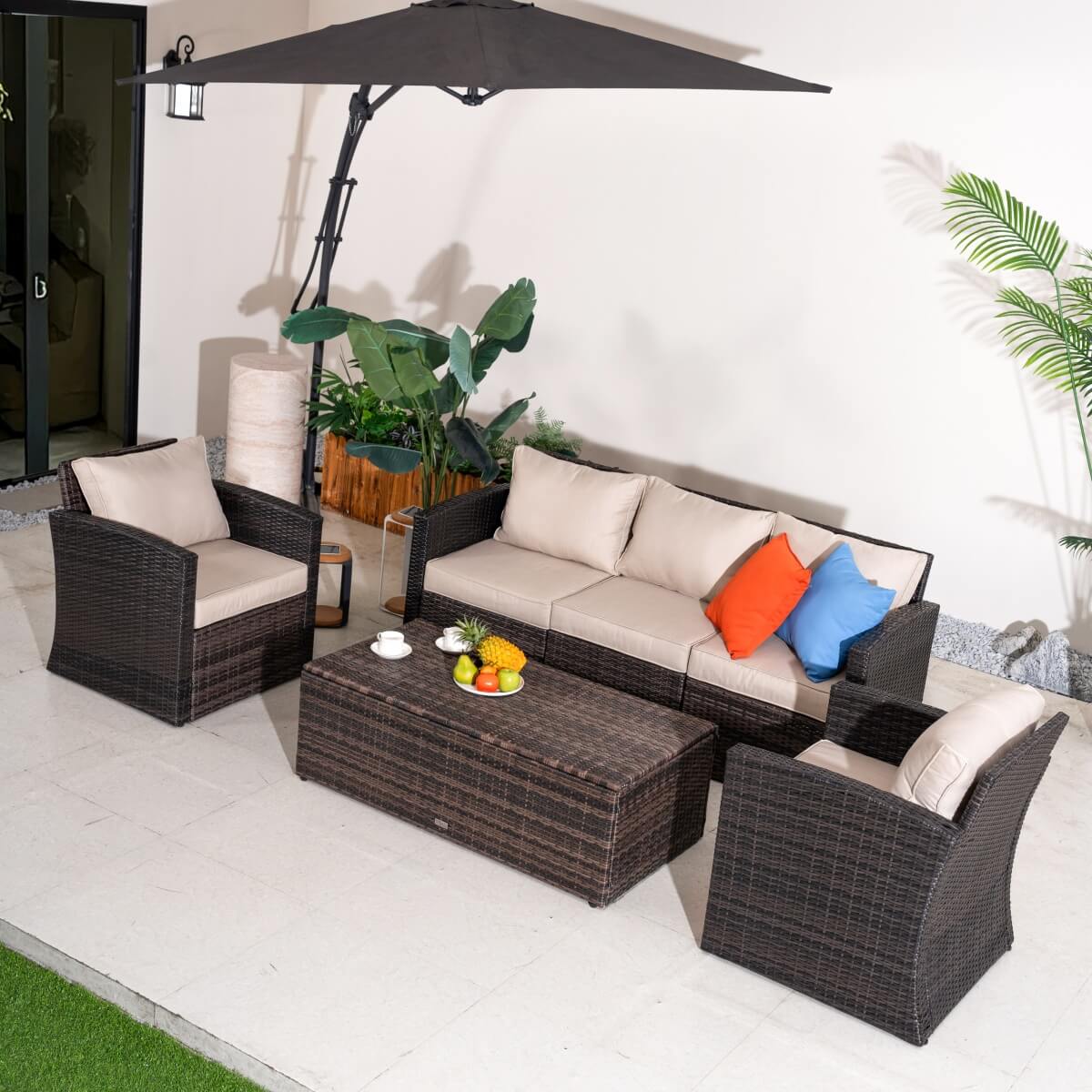 5 Seater Outdoor Garden Lounge Set – Rattan Sofa with Coffee Table Featuring Built-In Storage, Cushions Included