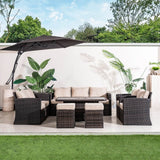 9 Seater Outdoor Rattan Fire Pit Sofa Set – Garden Lounge with Adjustable Height Rectangular Fire Pit Table