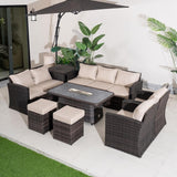 9 Seater Outdoor Rattan Fire Pit Sofa Set – Garden Lounge with Adjustable Height Rectangular Fire Pit Table