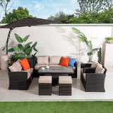 9 Seater Outdoor Rattan Fire Pit Sofa Set – Garden Lounge with Adjustable Height Rectangular Fire Pit Table