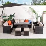 9 Seater Outdoor Rattan Fire Pit Sofa Set – Garden Lounge with Adjustable Height Rectangular Fire Pit Table
