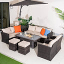 9 Seater Outdoor Rattan Fire Pit Sofa Set - Garden Lounge with Adjustable Height Rectangular Fire Pit Table