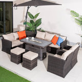 9 Seater Outdoor Rattan Fire Pit Sofa Set – Garden Lounge with Adjustable Height Rectangular Fire Pit Table