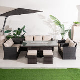 9 Seater Outdoor Rattan Fire Pit Sofa Set – Garden Lounge with Rectangular Fire Pit Table and Side Table with Built-In Storage