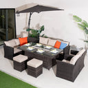 9 Seater Outdoor Rattan Fire Pit Sofa Set - Garden Lounge with Rectangular Fire Pit Table and Side Table with Built-In Storage