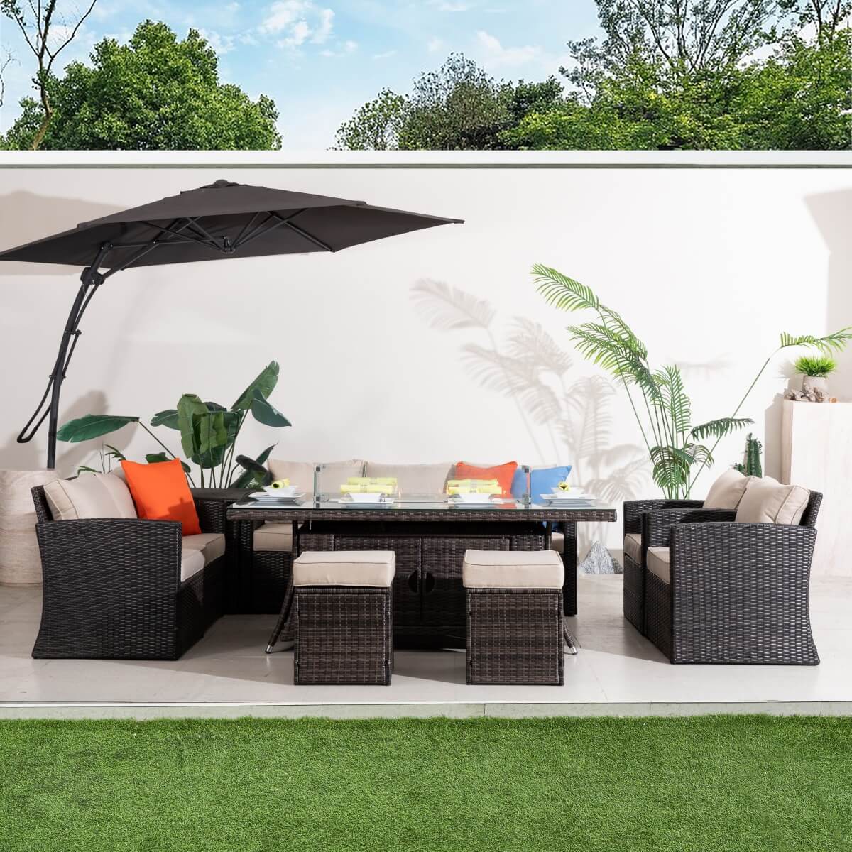 9 Seater Outdoor Rattan Fire Pit Sofa Set – Garden Lounge with Rectangular Fire Pit Table and Side Table with Built-In Storage