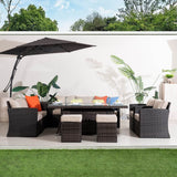 9 Seater Outdoor Rattan Fire Pit Sofa Set – Garden Lounge with Rectangular Fire Pit Table and Side Table with Built-In Storage