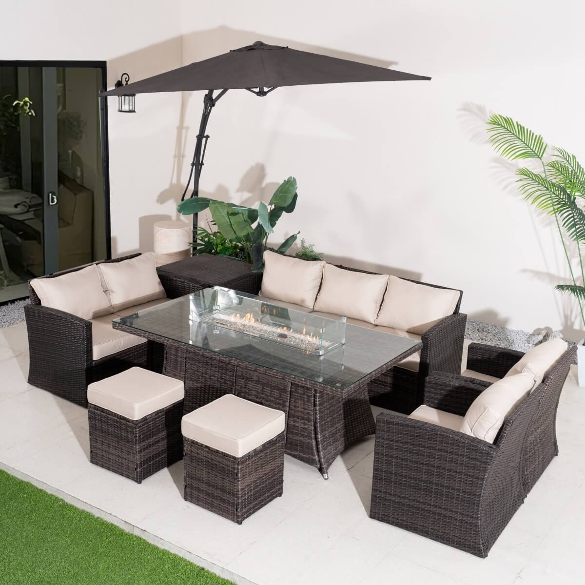 9 Seater Outdoor Rattan Fire Pit Sofa Set – Garden Lounge with Rectangular Fire Pit Table and Side Table with Built-In Storage