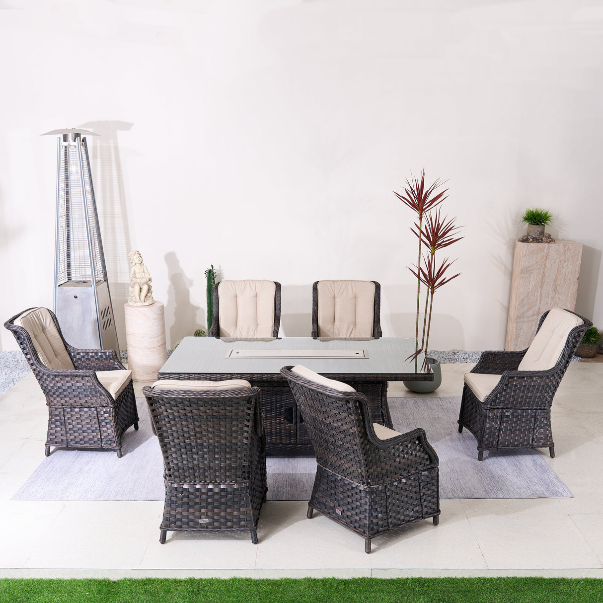 6-Seater Outdoor Patio Dining Set – Rectangle Fire Pit Table for Garden and Terrace