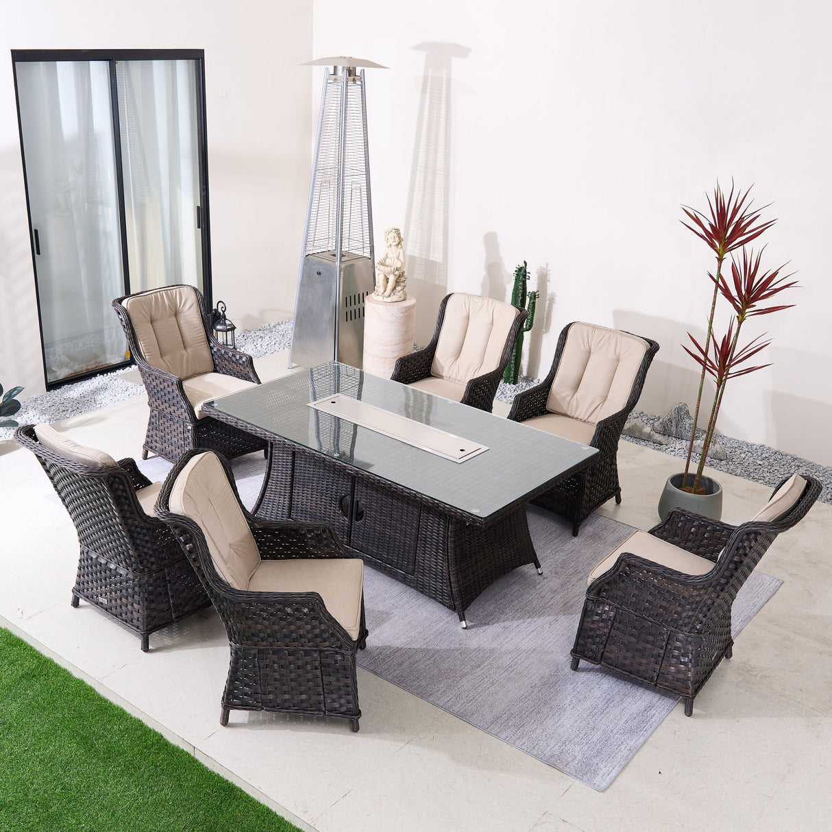 6-Seater Outdoor Patio Dining Set – Rectangle Fire Pit Table for Garden and Terrace