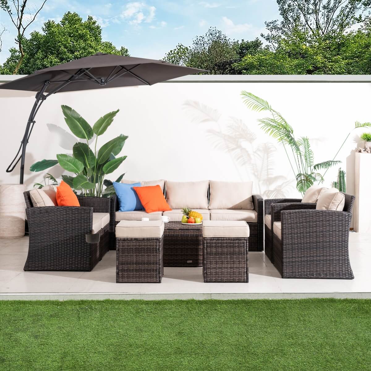 9 Seater Outdoor Rattan Sofa Set – Garden Lounge with Rectangular Coffee Table Featuring Built In Storage and Footstools