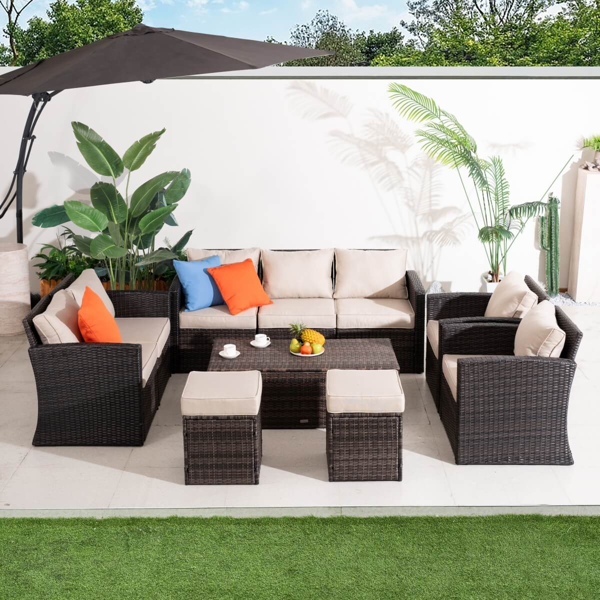 9 Seater Outdoor Rattan Sofa Set – Garden Lounge with Rectangular Coffee Table Featuring Built In Storage and Footstools