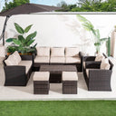 9 Seater Outdoor Rattan Sofa Set - Garden Lounge with Rectangular Coffee Table Featuring Built In Storage and Footstools