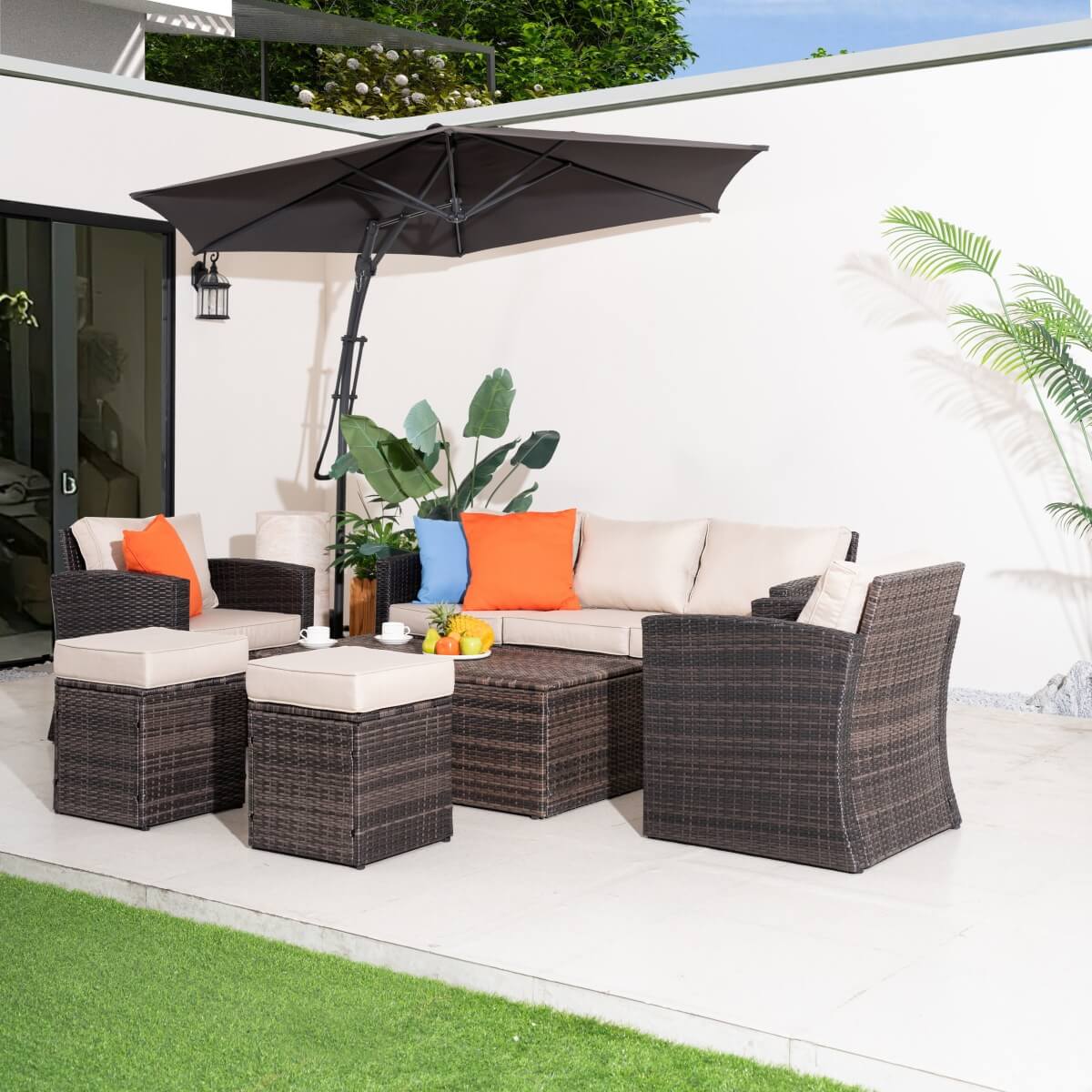 7 Seater Rattan Garden Sofa Set – Outdoor Lounge Set with Storage Coffee Table and Footstools