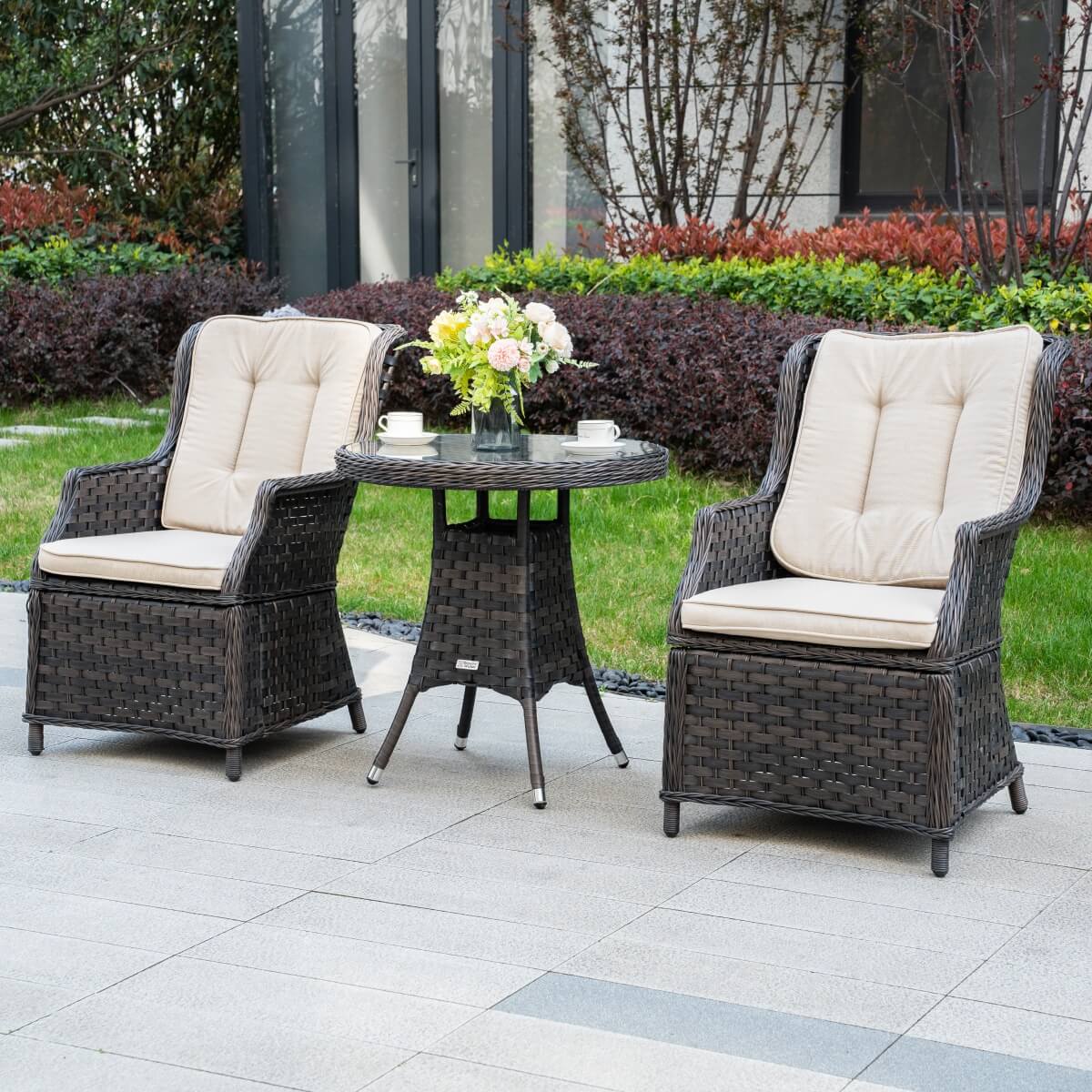 3 Piece Rattan Bistro Set - Round Outdoor Garden Table and Chairs