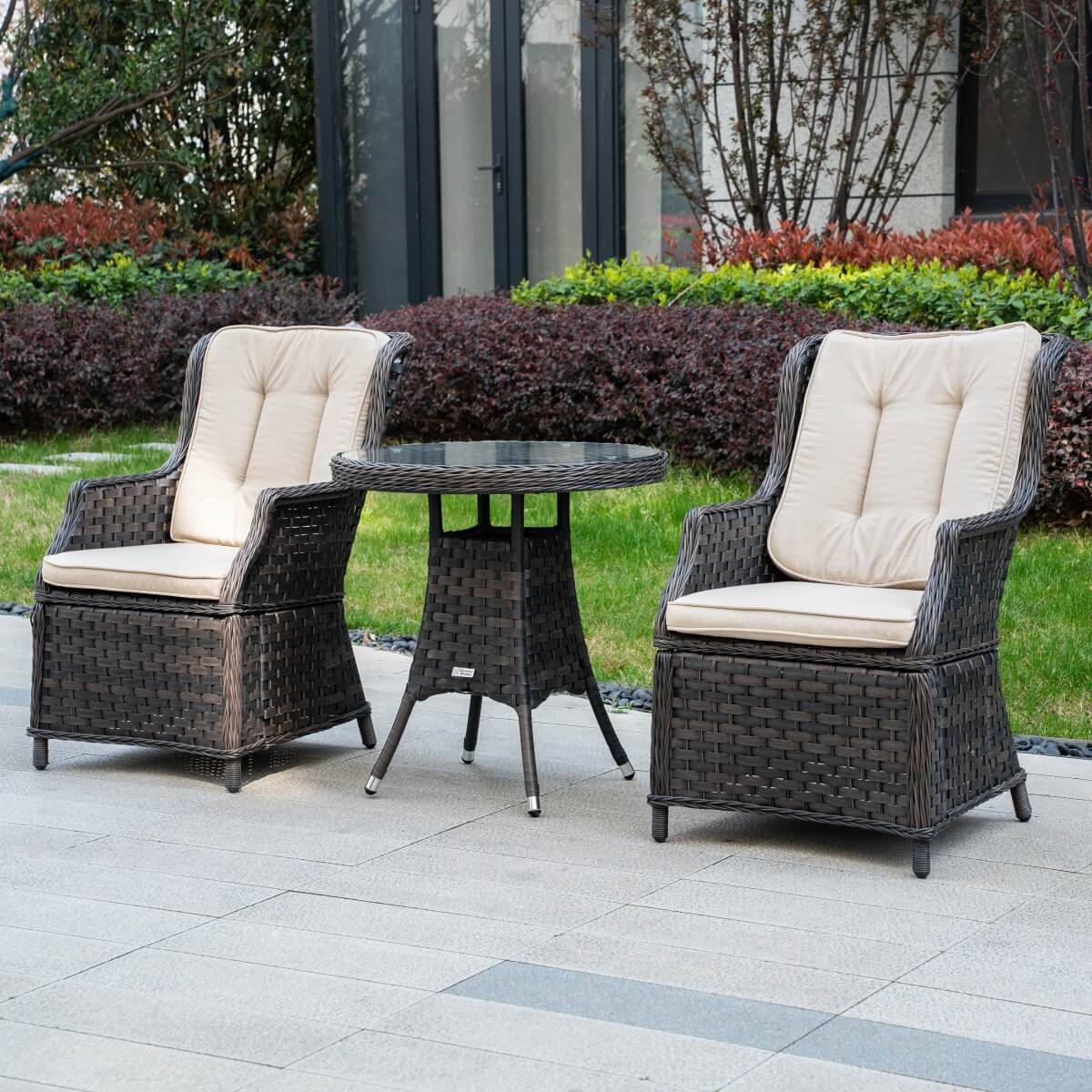 3 Piece Rattan Bistro Set - Round Outdoor Garden Table and Chairs
