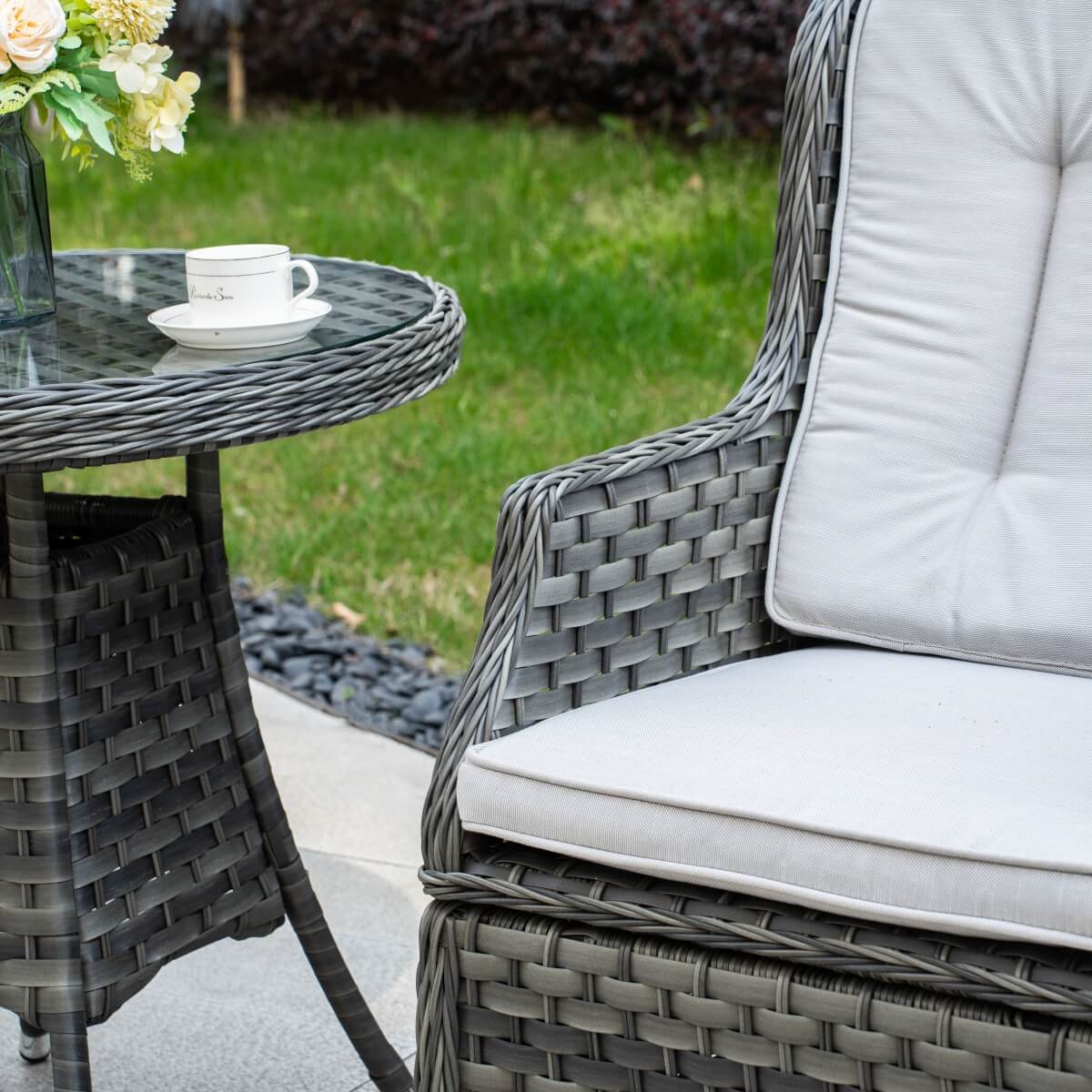 3 Piece Rattan Bistro Set - Round Outdoor Garden Table and Chairs