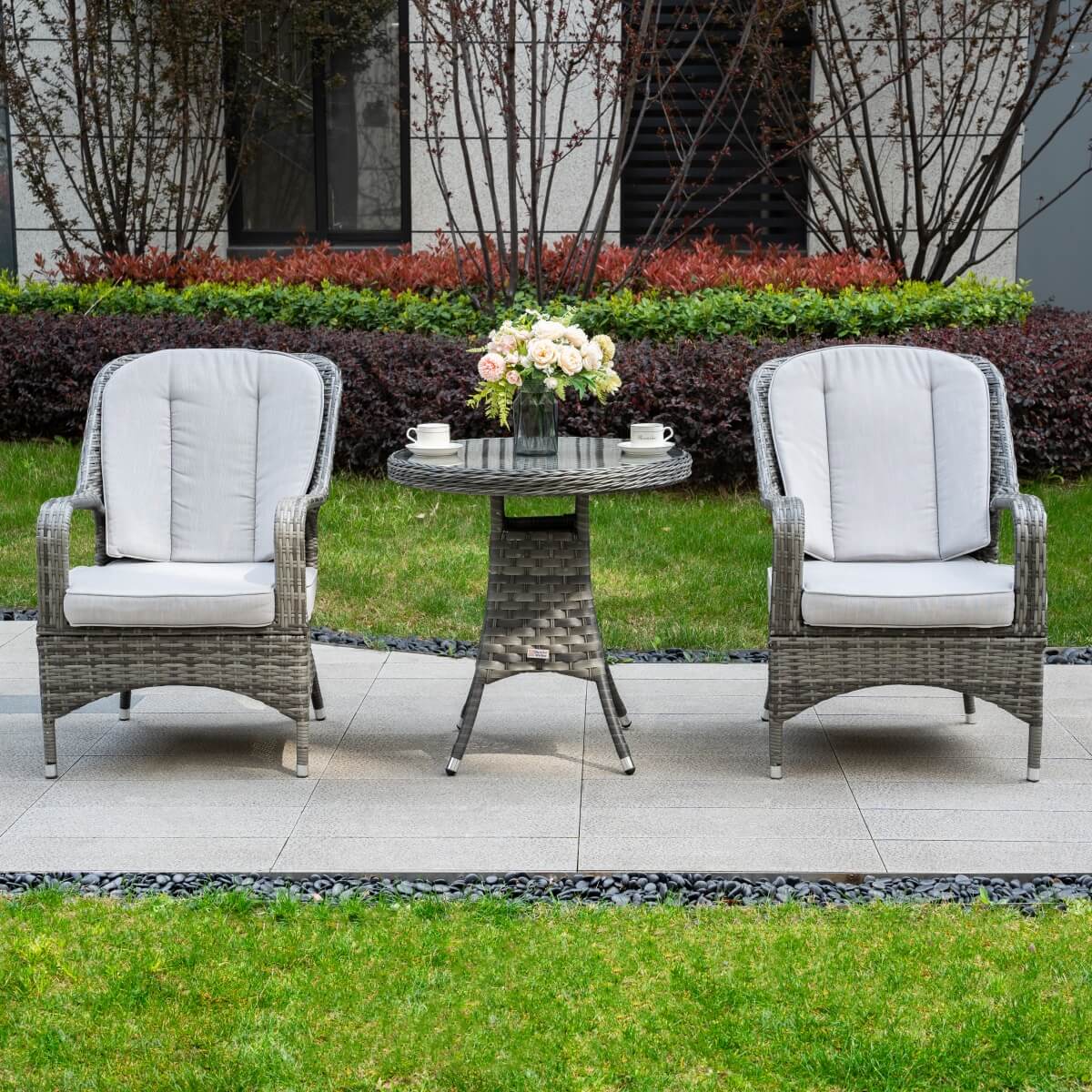 Outdoor Rattan Bistro Set - Round Garden Table and Chairs