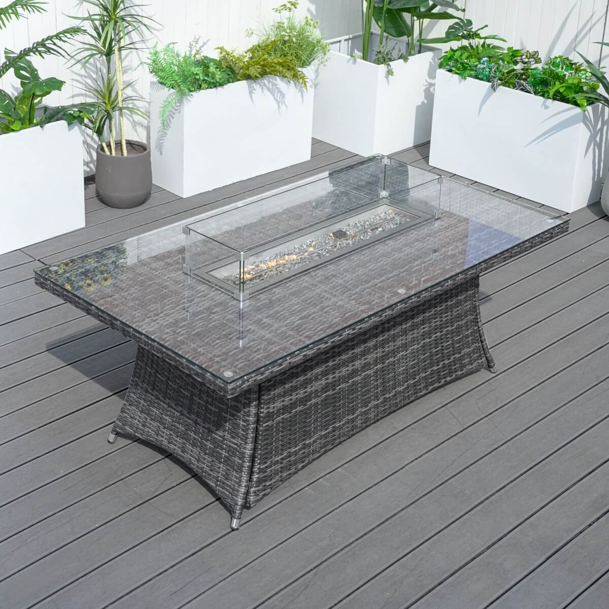 6 Seater Rattan Fire Pit Dining Table - Rectangular Outdoor Table with Glass Top