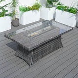6 Seater Rattan Fire Pit Dining Table - Rectangular Outdoor Table with Glass Top