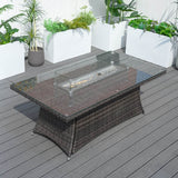 6 Seater Rattan Fire Pit Dining Table - Rectangular Outdoor Table with Glass Top
