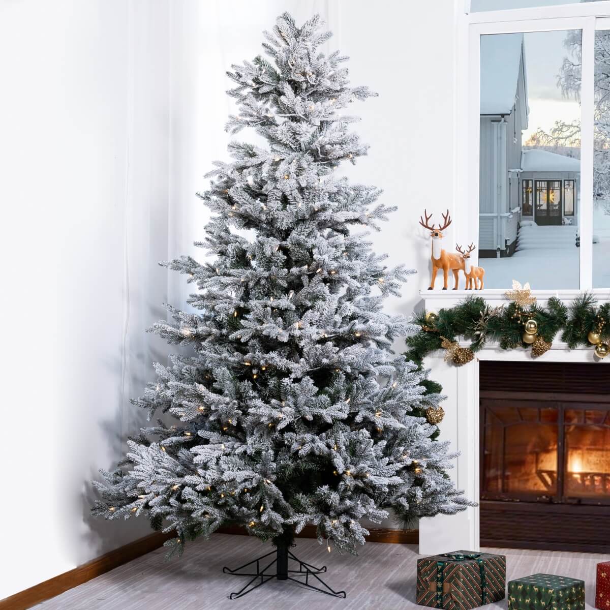 Pre-Lit Flocked Christmas Tree - Artificial Snow-Flocked Christmas Tree with Built-in Lights
