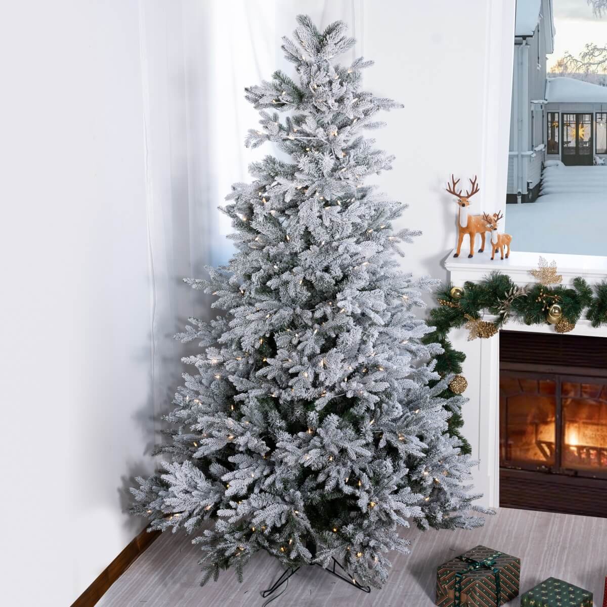 Pre-Lit Flocked Christmas Tree - Artificial Snow-Flocked Christmas Tree with Built-in Lights