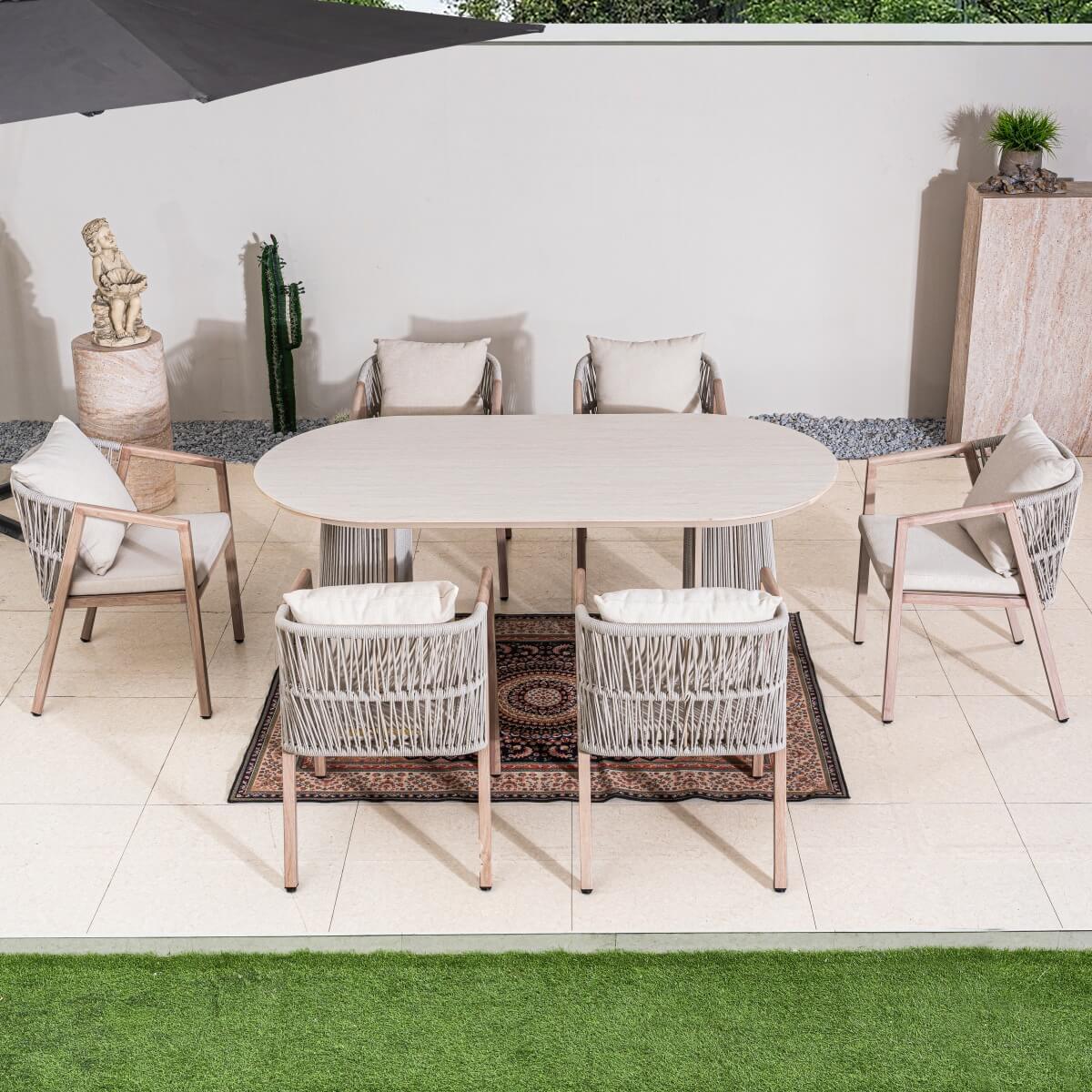 6-Seater Garden Dining Set - Metal Frame, Wood-Effect Table & Chairs
