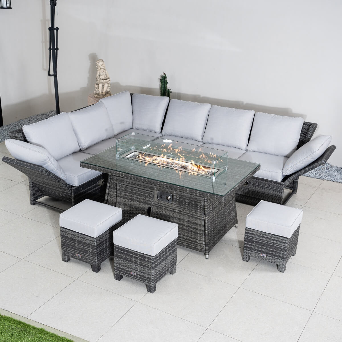 8-9 Seater Outdoor Fire Pit Set - Garden Corner Sofa with Rectangular Fire Pit Table, Footstools & Adjustable Armrests