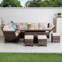 8-9 Seater Outdoor Fire Pit Set - Garden Corner Sofa with Rectangular Fire Pit Table, Footstools & Adjustable Armrests