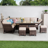 8-9 Seater Outdoor Fire Pit Set - Garden Corner Sofa with Rectangular Fire Pit Table, Footstools & Adjustable Armrests
