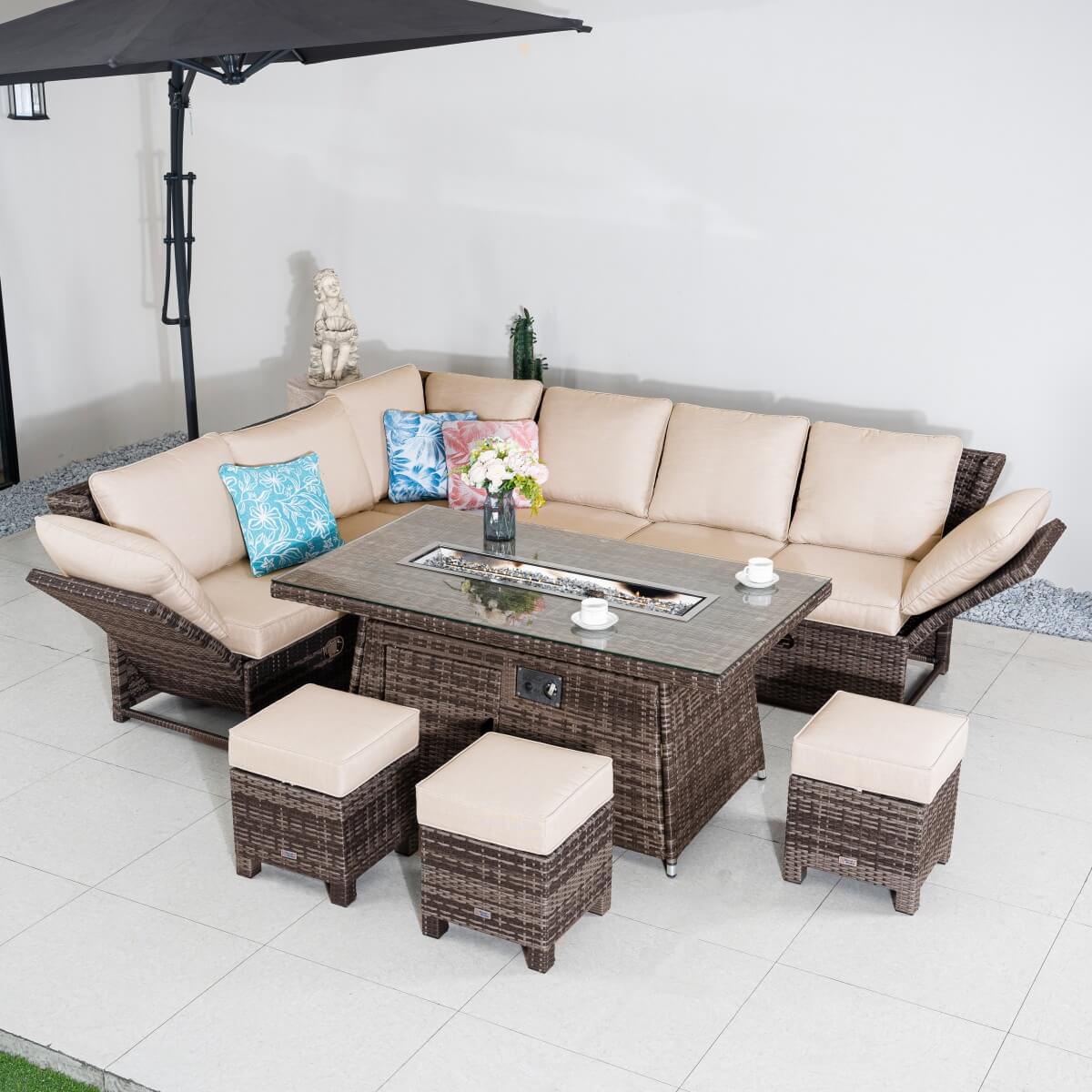 8-9 Seater Outdoor Fire Pit Set - Garden Corner Sofa with Rectangular Fire Pit Table, Footstools & Adjustable Armrests