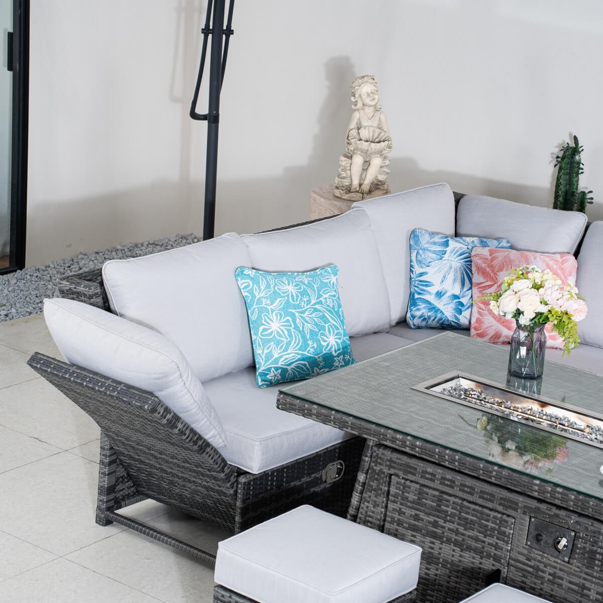 8-9 Seater Outdoor Fire Pit Set - Garden Corner Sofa with Rectangular Fire Pit Table, Footstools & Adjustable Armrests
