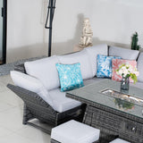 8-9 Seater Outdoor Fire Pit Set - Garden Corner Sofa with Rectangular Fire Pit Table, Footstools & Adjustable Armrests