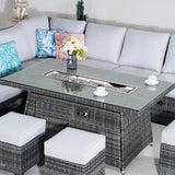 8-9 Seater Outdoor Fire Pit Set - Garden Corner Sofa with Rectangular Fire Pit Table, Footstools & Adjustable Armrests