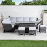 8-9 Seater Outdoor Fire Pit Set - Garden Corner Sofa with Rectangular Fire Pit Table, Footstools & Adjustable Armrests