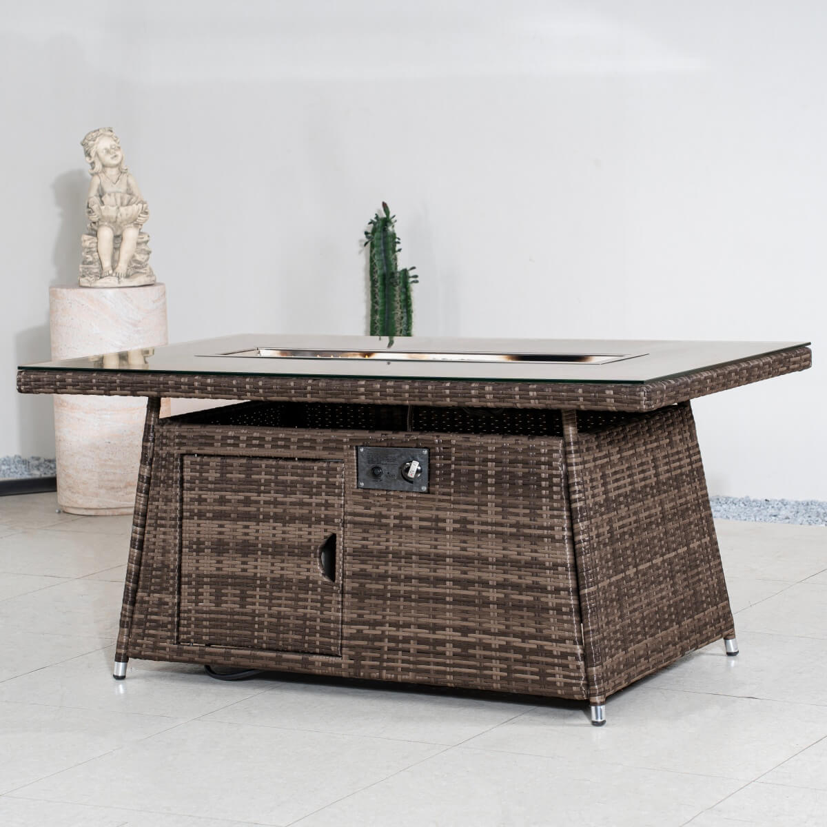 6-Seater Outdoor Rattan Fire Pit Table - Rectangular Garden Fire Pit with Tempered Glass Top & Glass Wind Guard