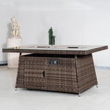 6-Seater Outdoor Rattan Fire Pit Table - Rectangular Garden Fire Pit with Tempered Glass Top & Glass Wind Guard