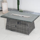 6-Seater Outdoor Rattan Fire Pit Table - Rectangular Garden Fire Pit with Tempered Glass Top & Glass Wind Guard