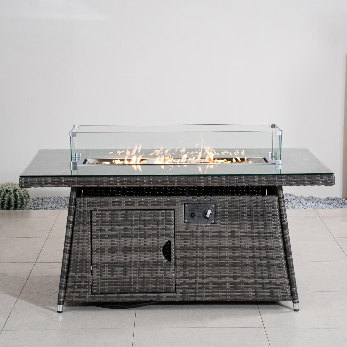 6-Seater Outdoor Rattan Fire Pit Table - Rectangular Garden Fire Pit with Tempered Glass Top & Glass Wind Guard