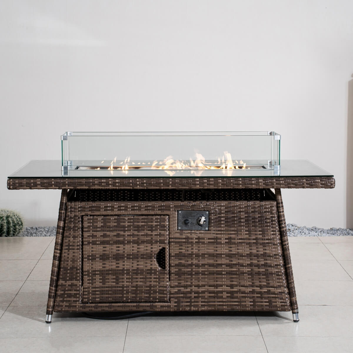 6-Seater Outdoor Rattan Fire Pit Table - Rectangular Garden Fire Pit with Tempered Glass Top & Glass Wind Guard