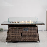 6-Seater Outdoor Rattan Fire Pit Table - Rectangular Garden Fire Pit with Tempered Glass Top & Glass Wind Guard