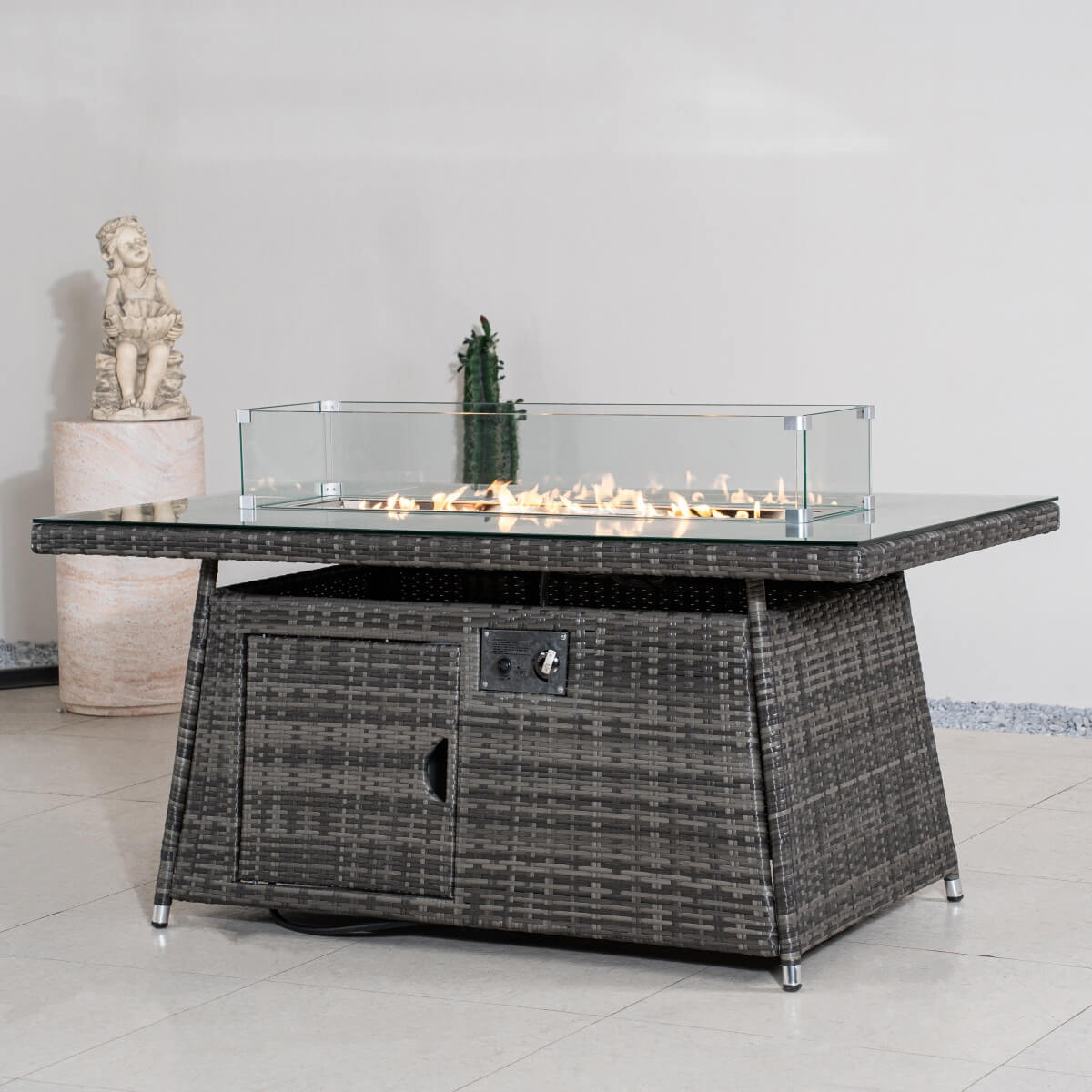 6-Seater Outdoor Rattan Fire Pit Table - Rectangular Garden Fire Pit with Tempered Glass Top & Glass Wind Guard