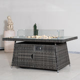6-Seater Outdoor Rattan Fire Pit Table - Rectangular Garden Fire Pit with Tempered Glass Top & Glass Wind Guard